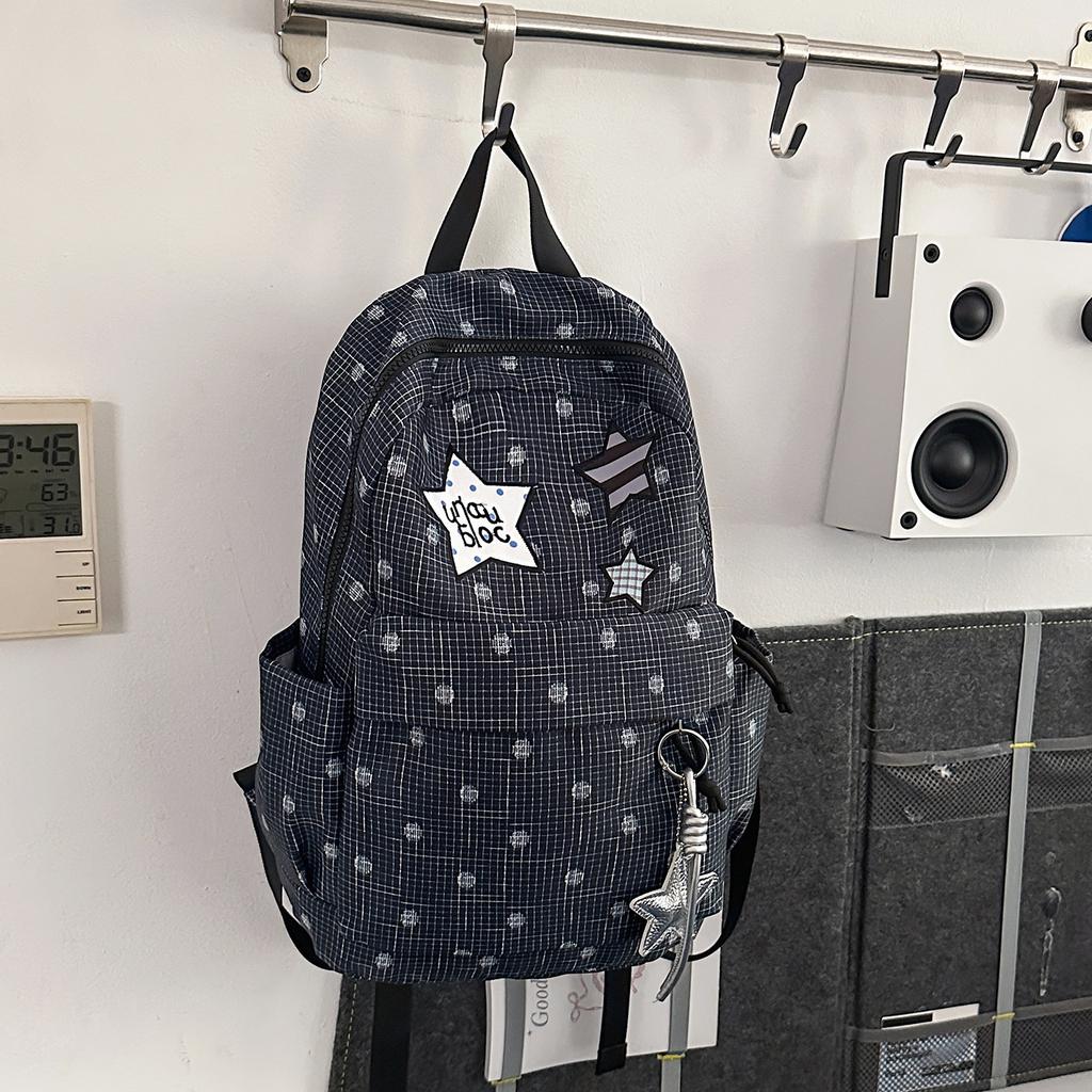 Schoolbag Korean Ins Versatile Plaid Backpack Female Large Capacity Cartoon Star Polka Dot Student Schoolbag Female Casual Back