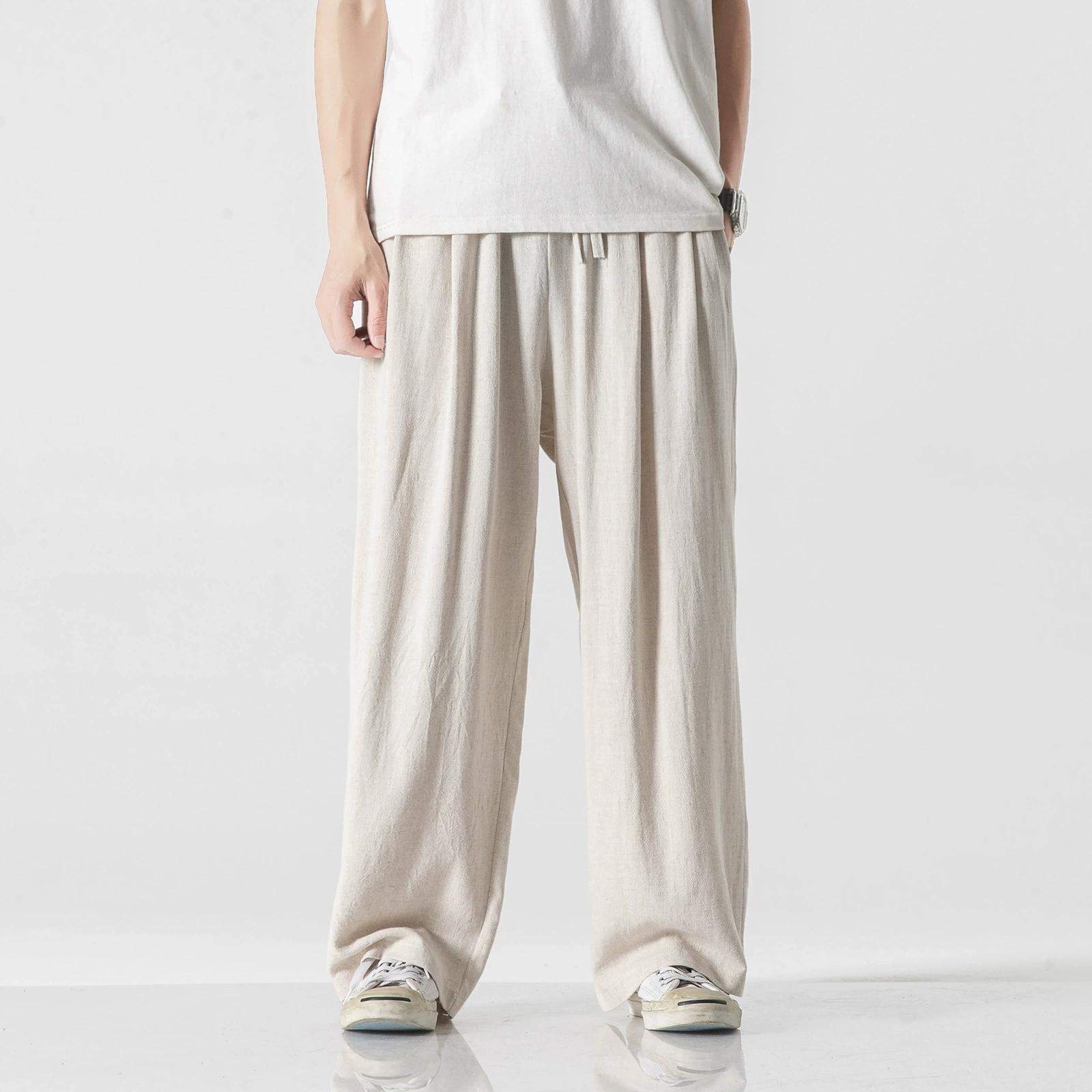 

Льняные брюки в китайском стиле, мужские свободные прямые спортивные брюки, летние хлопковые и льняные брюки National Tide большого размера, широкие повседневные брюки L бежевый