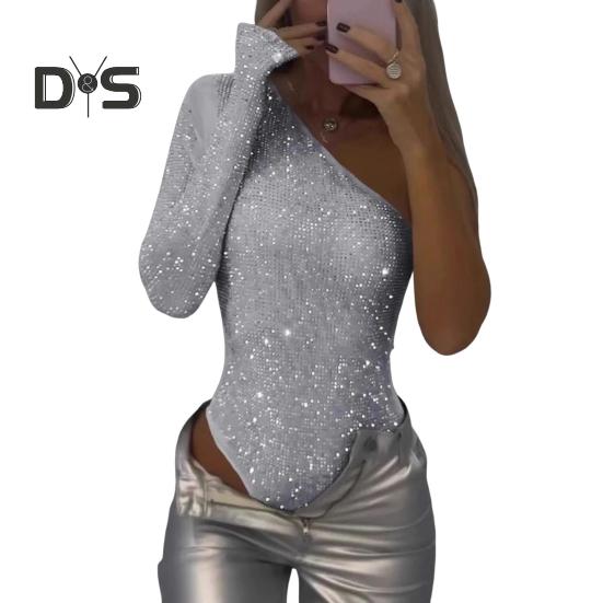 

Женский сексуальный боди с пайетками, длинный рукав, одно плечо, топ-труба, комбинезон, женский облегающий цельный комбинезон для вечеринок, клубов, баров S белый