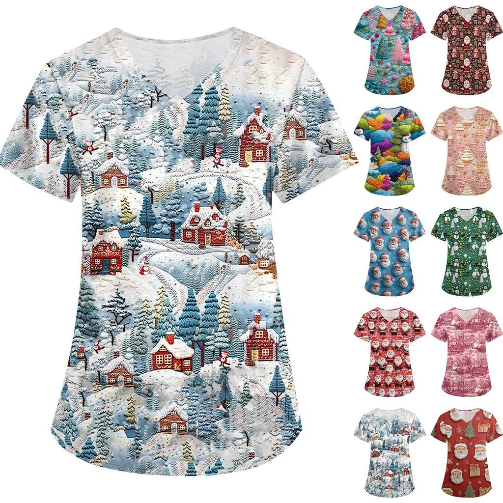 Women's Christmas Print Loose V-Neck Pocket Short-Sleeved Uniform