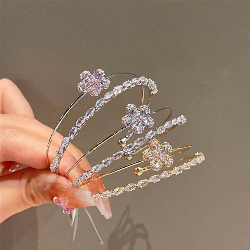 Fancy 2 Layers Gold Plated Floral Bracelet Girls Adjustable Sparkling Cubic Zircon Flower Cuff Bracelet Jewelry