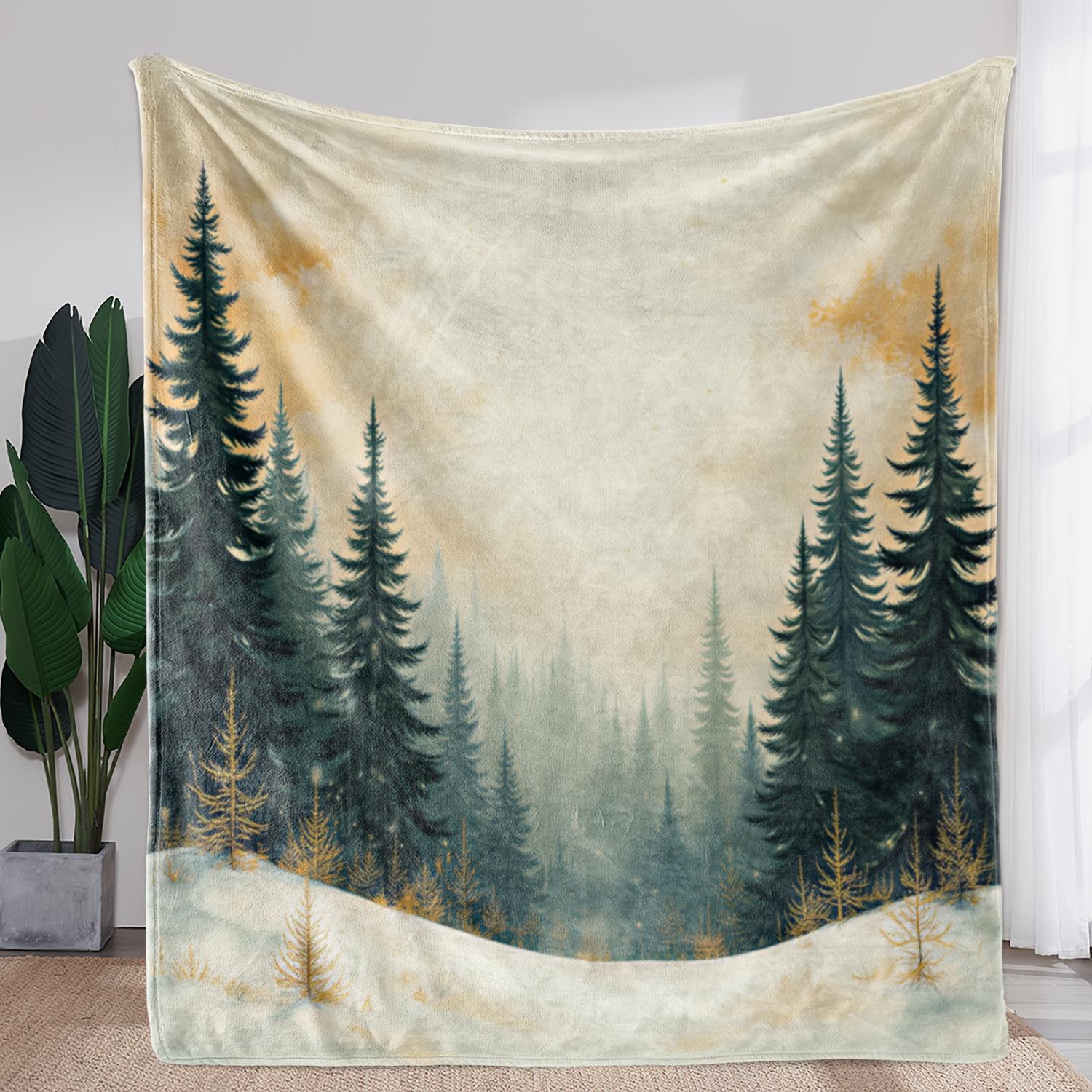 

1pc Flannel Blanket - Soft Warm Throw with Beige to Green Pine Forest Gradient - All-Season Couch, Bed, Camping, Travel, Office 130x150cm