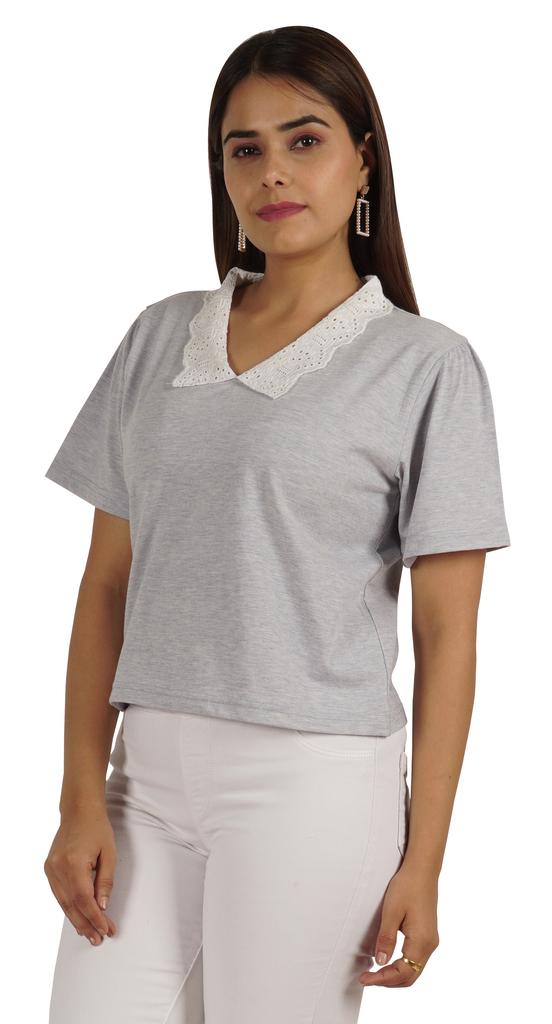 Moomaya Dámský top s krajkovým límečkem Petra Pana, hladký žerzejový krátký ležérní T-shirt