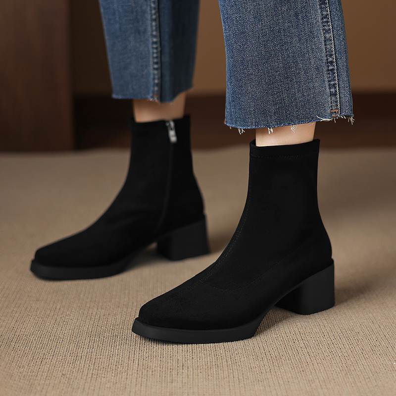 Krazing Pot Flock Round Toe Thick High Heels Chelsea Boots Zip Women Concise Style Ankle Boots