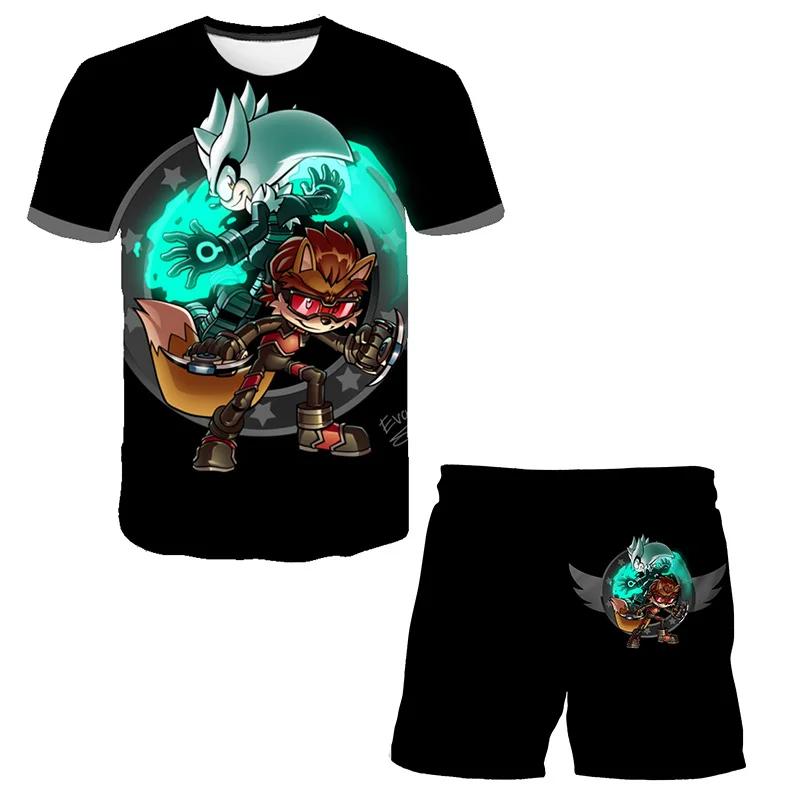 2025 MINISO New boys and girls super sonic Tshirts+shorts  Harajuku Sonic print suit T-shirt + shorts fashion street style children's short sleeves