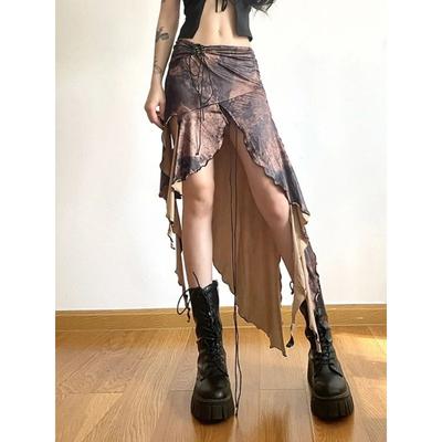 Vintage Sexy Streetwear Vacation Skirts Women American Retro Harajuku Irregular Ruffled Design Bandage Skirt Summer 2024