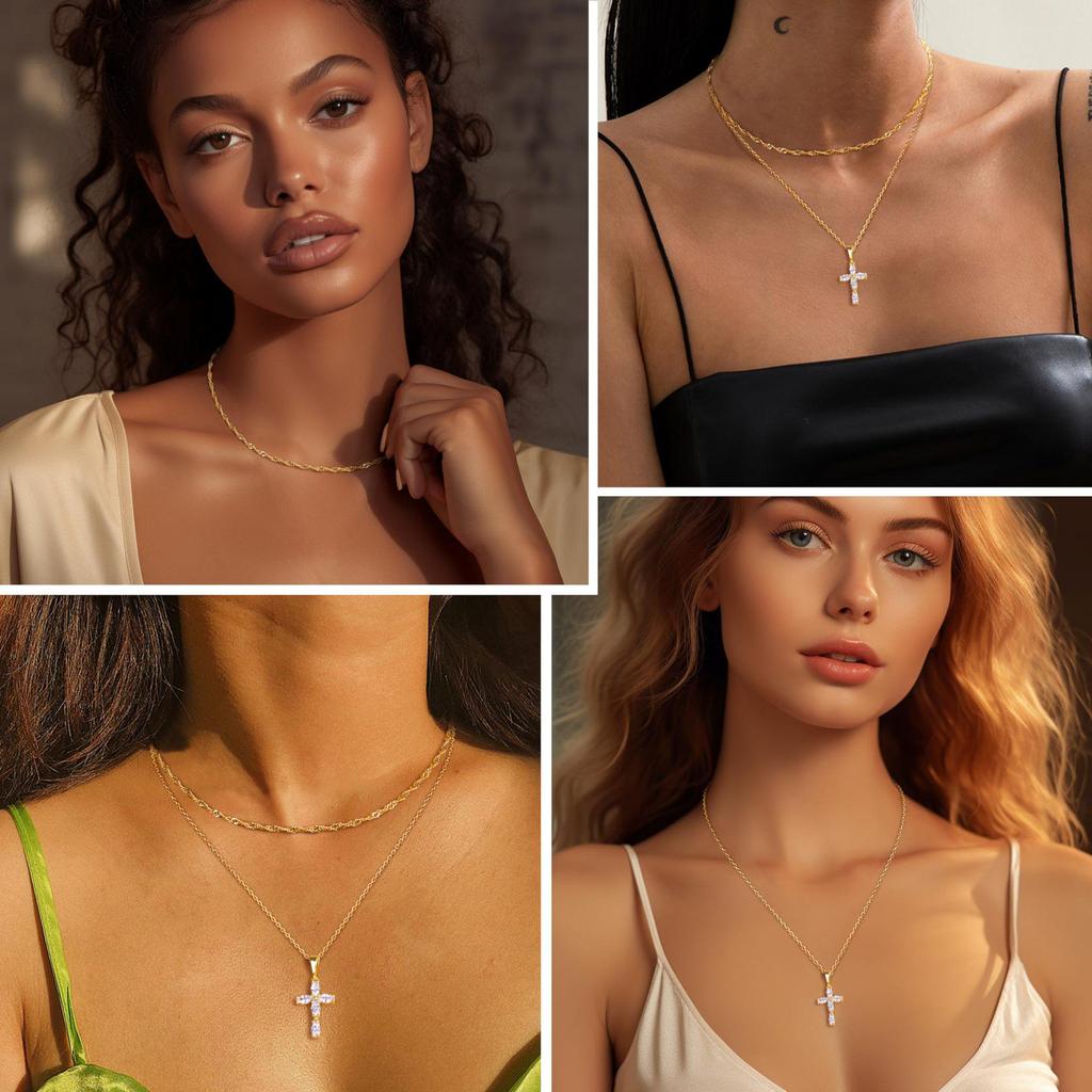 Eco-friendly 18K Gold Double Layer Cross Necklace with Marquise Zircon Water Wave Chain