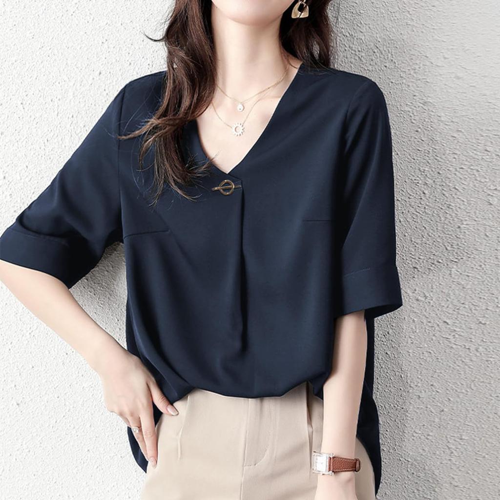 short for summer [Yino] Shirts, blouses, women's, sleeves, tops, V-neck, decorative, tucks, body-concealing, slimming, loose, plain, simple,