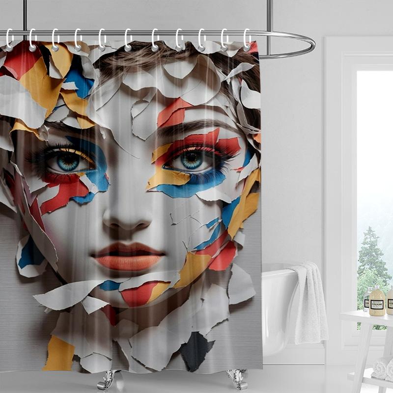 Marble Textured Shower Curtain-Classic Bust Sculpture with Crack Stone Effect, Waterproof Art Bathroom Decoration