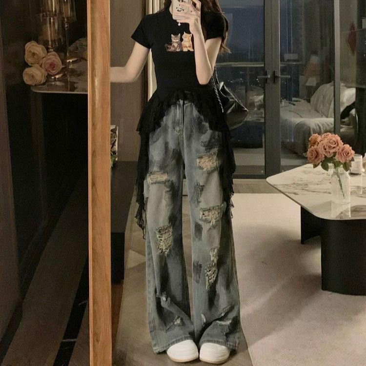 Modisch Bequem Vielseitig Zerrissene Jeans Damen Hohe Taille Große Größe Gerade Locker Schlank Weitbeinige Hosen Jeans für Damen Lange Jeanshosen