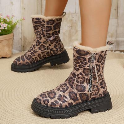 Fashion Leopard Print Platform Ankle Boots Women Plus Size 43 Thicken Plush Warm Winter Boots Woman Non Slip Zipper Short Botas