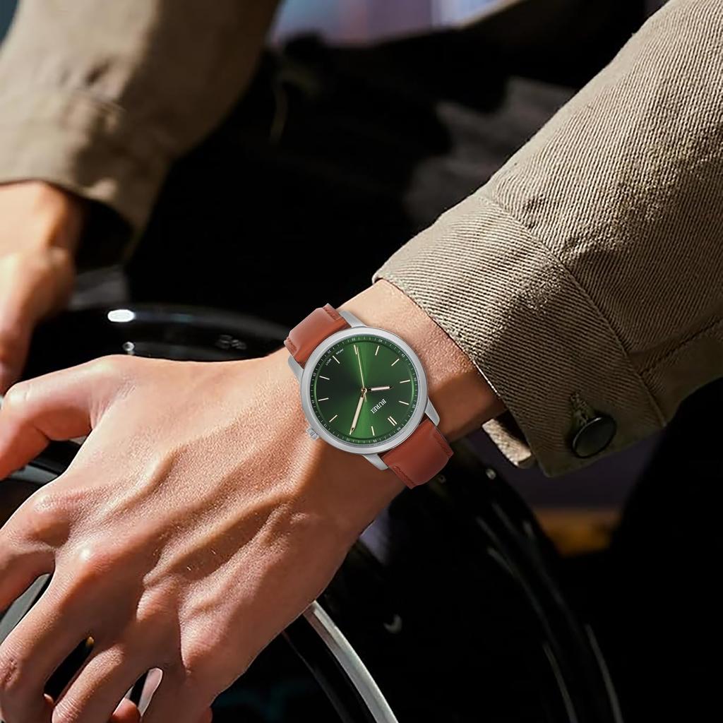 BUREI Men's Analog Quartz Watch Waterproof Leather Strap Silver Business Lightweight Easy-to-Read Simple Gift for Father (Green Brown)