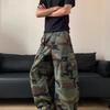 Retro Camo Cargo Kalhoty Pánské Dámské Vysoký Pas Volný Rovný Střih Streetwear Široké Kalhoty