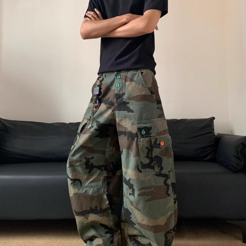 Retro Camo Cargo Kalhoty Pánské Dámské Vysoký Pas Volný Rovný Střih Streetwear Široké Kalhoty
