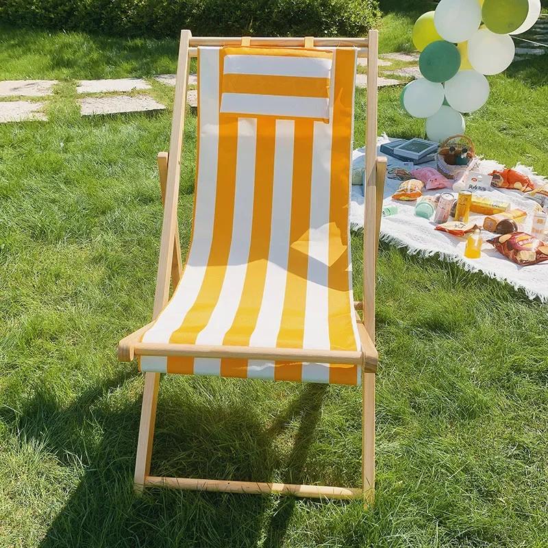 Outdoor Minimalist Beach Chair Modern Luxury Design Wooden Foldable Lounge Oxford Cloth Portable Comfortable Leisure Furniture