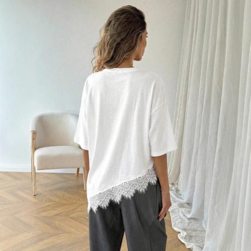 New Slanted Bottom Lace Splicing Short Sleeve T-shirt Sweet Irregular Top for Women Solid O Neck Loose Elegant Fashion Casual Office Blouse Basic Tees