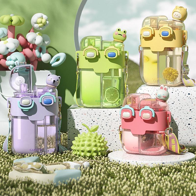 Large Capacity Plastic Cup With Double Drink Compartments Stylish And Cute Cartoon Design