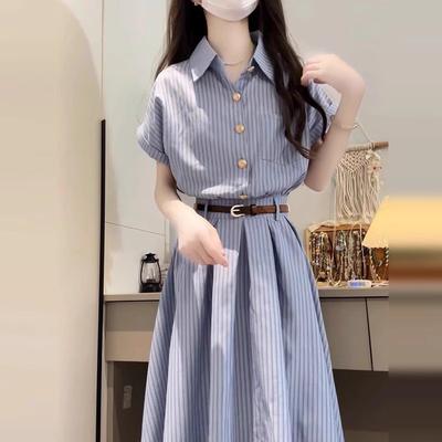 2026 New Korean College Style Blue Short Sleeve Shirt Dress Children's Summer Temperament Waist Long Dress Women's Clothing