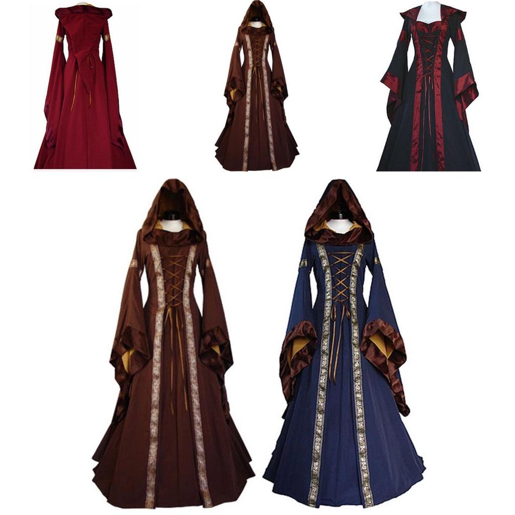 Women's Vintage Gothic Medieval Dress Costume Retro Hooded Victorian Renaissance Dress