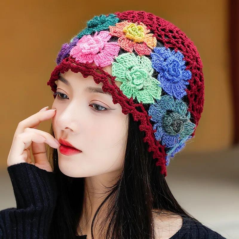 Spring and Autumn Handmade Hat Women's Pull Only Handmade Crocheted All Match Knitted Hat Women's Hollow Crocheted Wool Hat