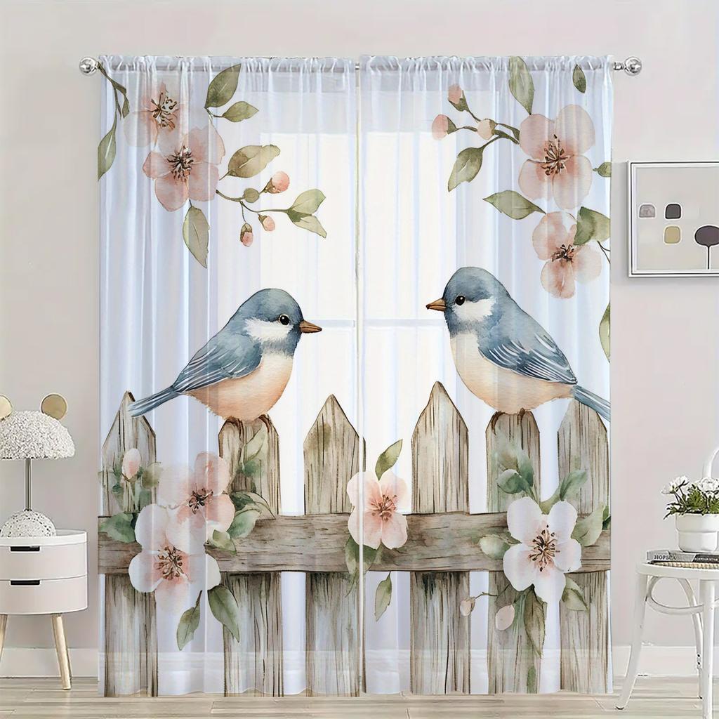 Set Of 2 Hd Digital Plant Bird Printed Window Screen Home Decor Style Decoration Living Room Bedroom Rod Curtain For Made Polyester