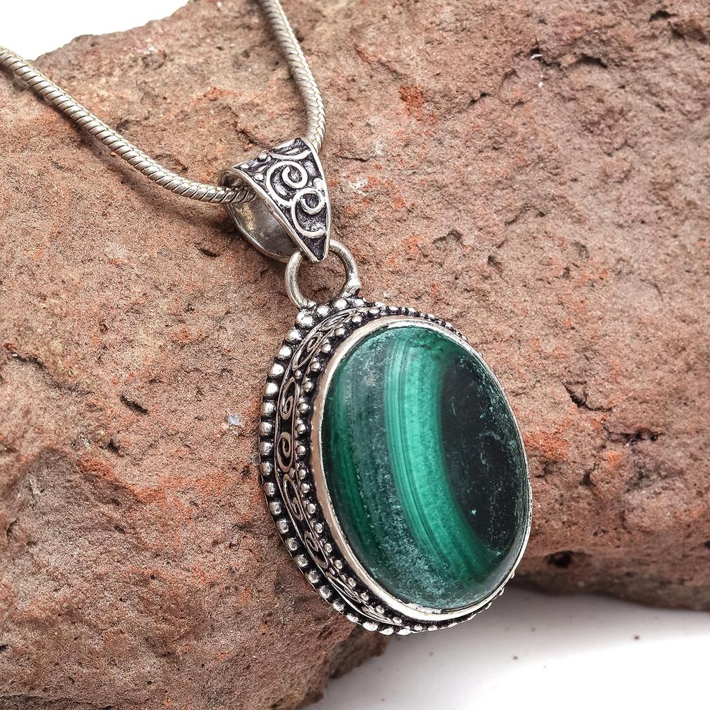 Malachite Emerald Gemstone Unisex Women's Silver Jewelry Pendant 1.75"