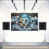 2D 50th Birthday Party Backdrop Blue Silver Balloon & Cake Happy Birthday Photo Booth Background