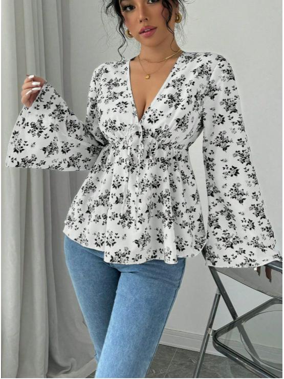 2025 Autumn/Winter Women's High-Waisted Floral Print Shirt - European & American Sweet Style