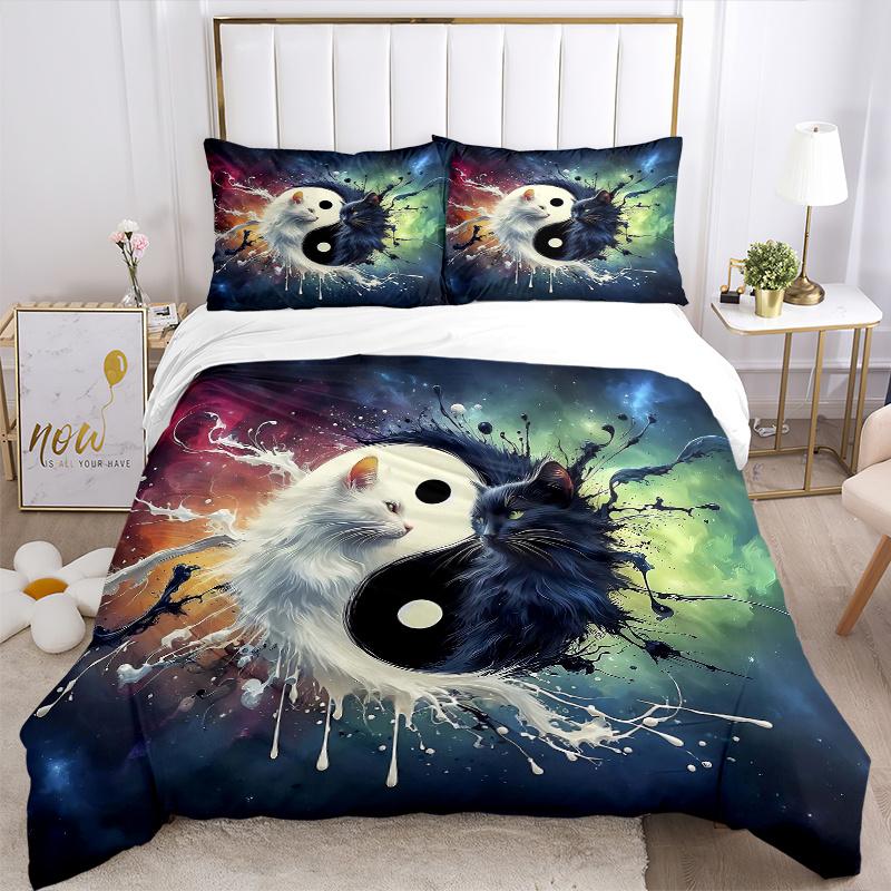 3pcs Yin Yang Cat Design Printed Quilt Set - Includes 1 Quilt Cover and 2 Pillowcases, Machine Washable - Suitable for All Seasons.M105
