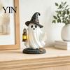 Miniature Ghost Statue Lighted Halloween Figurine, Spooky Resin Witch on Pumpkin/Holding Lantern LED Night Light Figurine with for Desktop Bookshelf