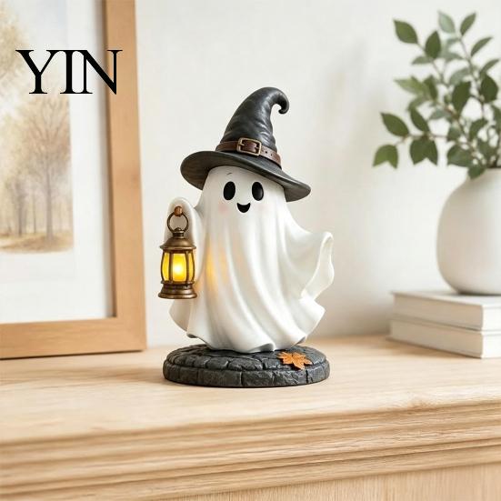 Miniature Ghost Statue Lighted Halloween Figurine, Spooky Resin Witch on Pumpkin/Holding Lantern LED Night Light Figurine with for Desktop Bookshelf