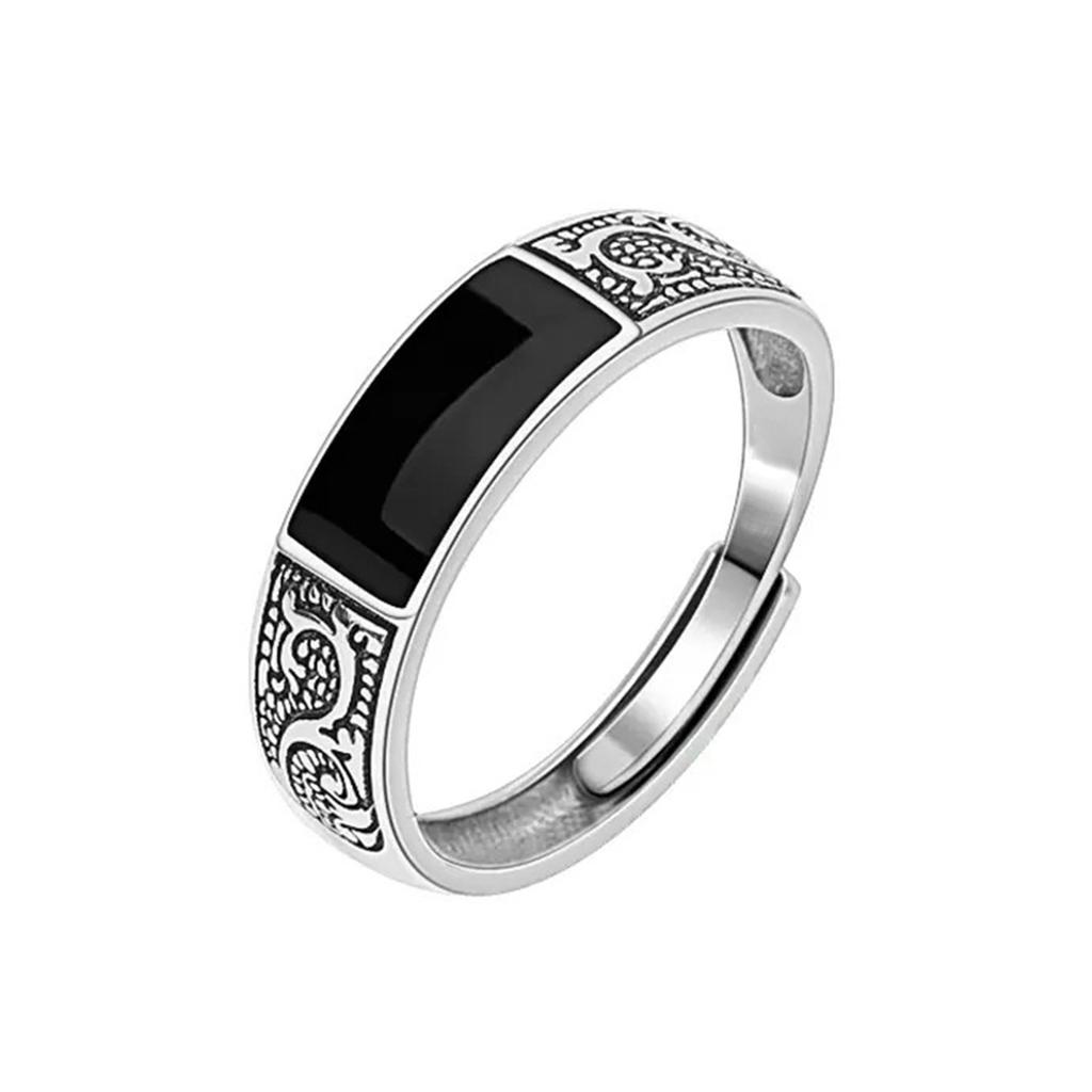 Silver Color Men's Stainless Steel Ring with Black Rectangle Retro Open Dragon Pattern Fashion Male Jewelry Accessory