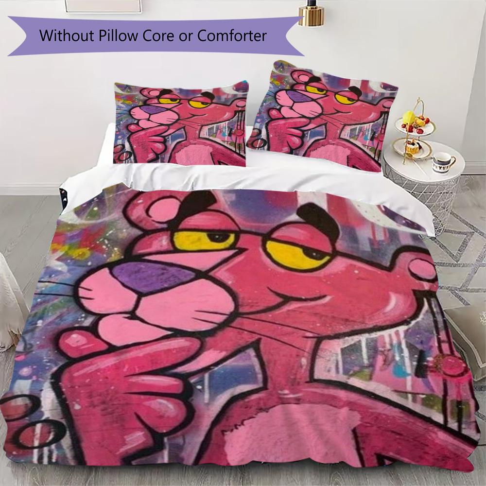 Pink Panther Cartoon Pattern Bedding,Quilt Set Quilt Cover Pillowcase Home Birthday Gift (1*duvet Cover+2*pillowcase,without core)XSJT0917303