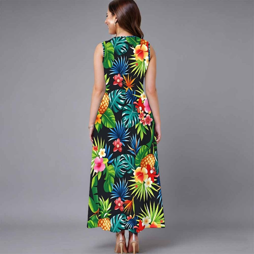 Ladies Oversized Sleeveless Crew Neck Dress Vivid Mixed Tropical Foliage Flowy Calf Length Gown