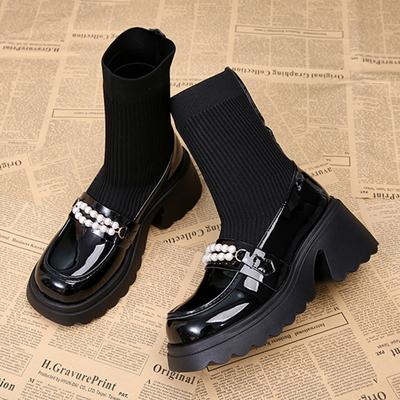 Platform Knitting Women Snow Boots High Heels Beaded Leather Ankle Shoes  Trend Winter Pumps Chelsea Weave Sock Botas Mujer
