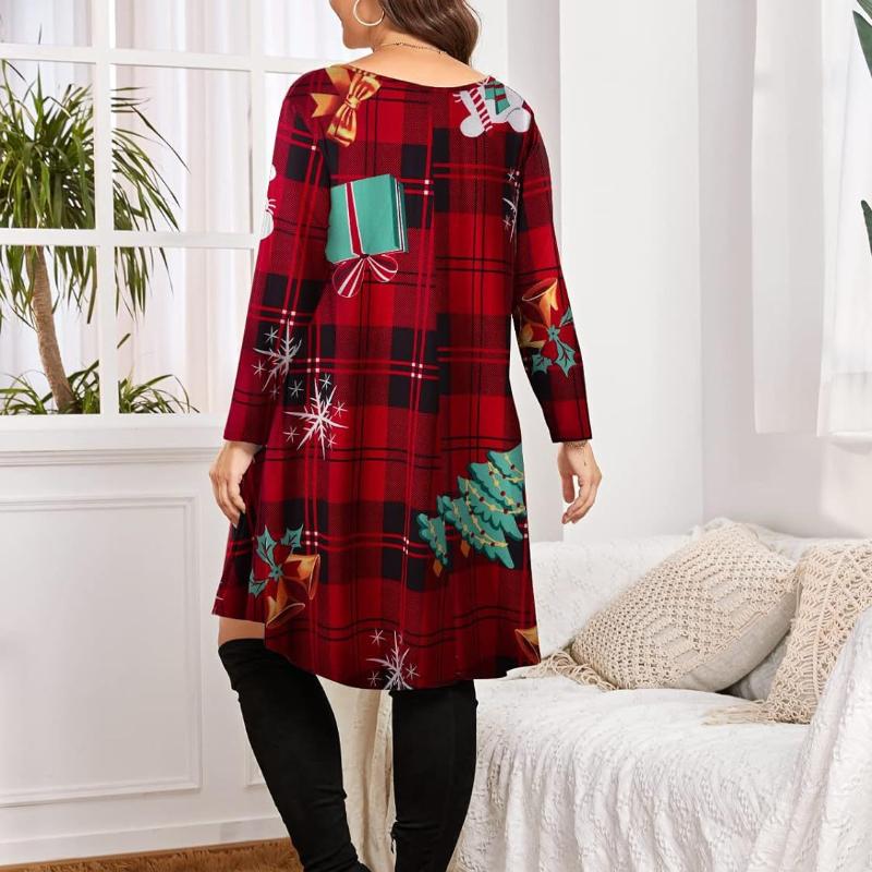 Women's Fashion Christmas Print Midi Sleeve Plus Size Dresses
