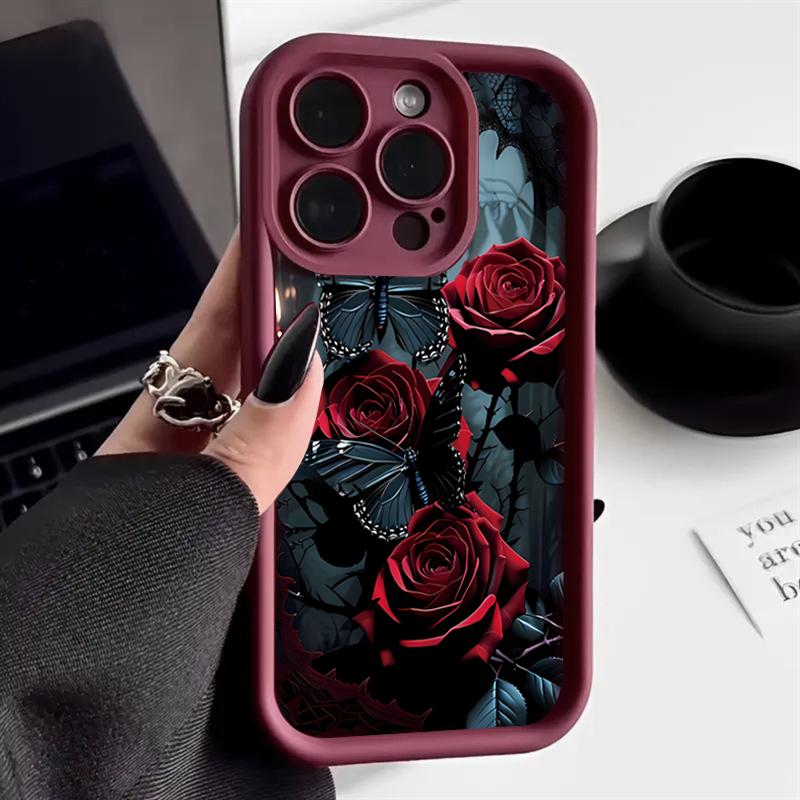 Dark Style Red Rose Butterfly Art Phone Case for iPhone 17 16 15 14 13 12 11 Series Pro Max Plus Double Layer Protection