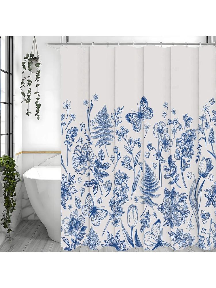 

Blue Floral Butterfly Shower Curtain, Bathroom Decorative Shower Curtain, Waterproof Shower Curtain With Hooks W60H190(CM)-1 Pcs