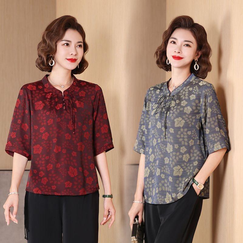 Chinese Summer Chiffon Shirt Mid-sleeve Stand Collar Middle-aged and Elderly Women's New Summer Small Shirt Loose Top