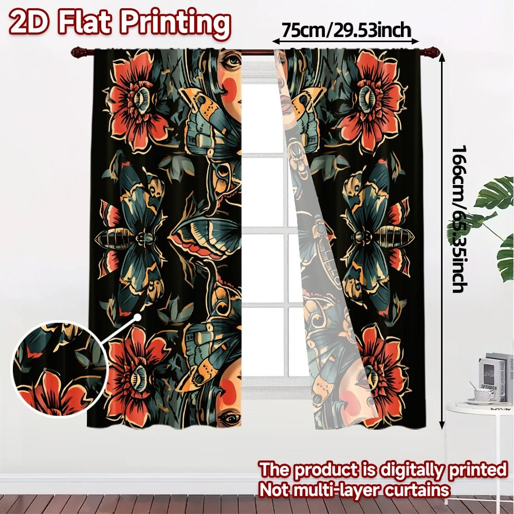 2D Flat Printing  JIT 2pcs   Curtains (Without Rod) Butterfly Blossoms Popular Popular Curtain Versatile Polyester Fabric Curtains