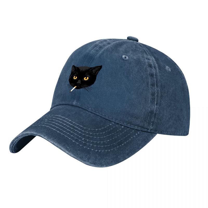 Black Cat Embroidered Washed Canvas Baseball Cap with Cool Feline Design for Casual Streetwear Style and Everyday Wear