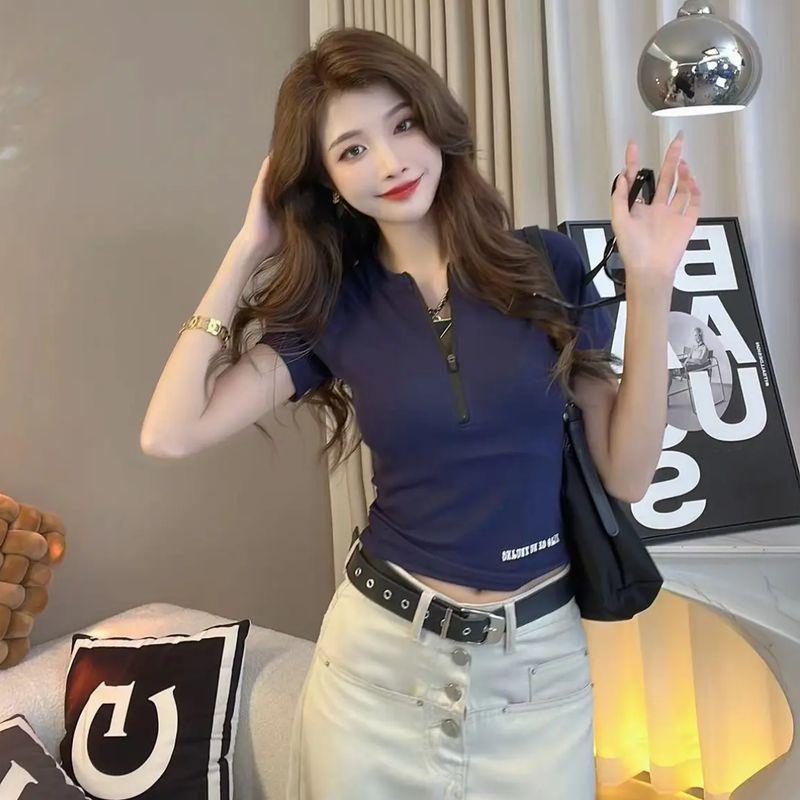 

Европейские товары Нишевый стиль Полумолния Приталенная Летняя футболка с коротким рукавом Navy blue M