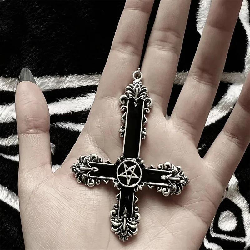 Retro Punk Inverted Cross Five-pointed Star Black Charm Witch Dangle Earrings for Women Gothic Infidels Hallowmas Jewelry Gifts
