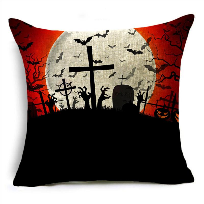 Red Halloween Night Moon Graveyard Bat Scarecrow Linen Throw Pillowcase Decorative Cushion Cover For Sofa Living Room Party