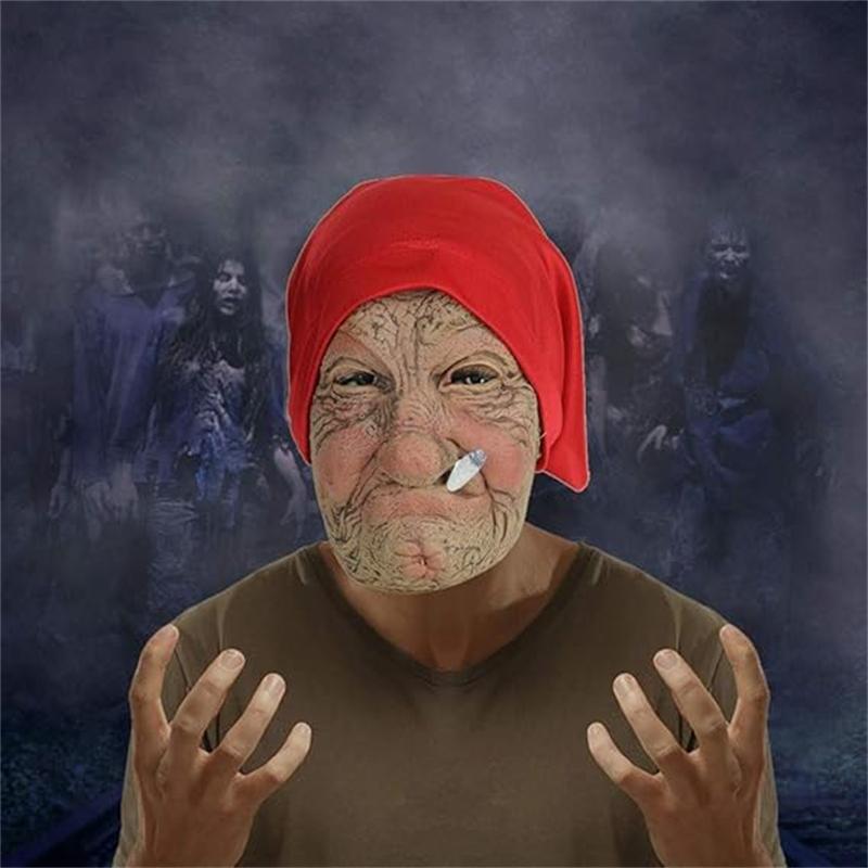 Smoke Grandma Realistic Old Women Face Mask Halloween Horrible Latex Mask Scary Full Head Creepy Wrinkle Face Cosplay Props