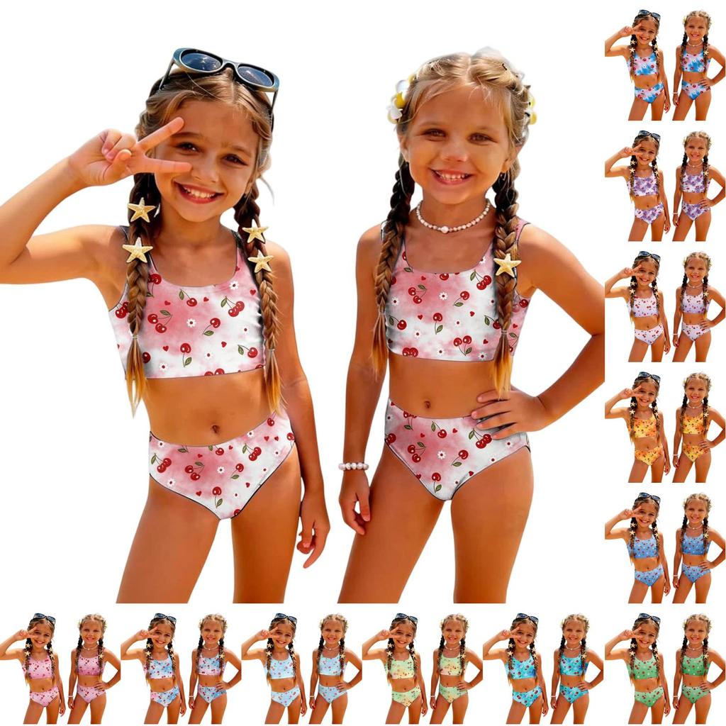 Girls Two Piece Swimsuit Set Tankini Top and High Waist Bottoms Fruit Print Summer Swimwear for Kids Comfortable Fit
