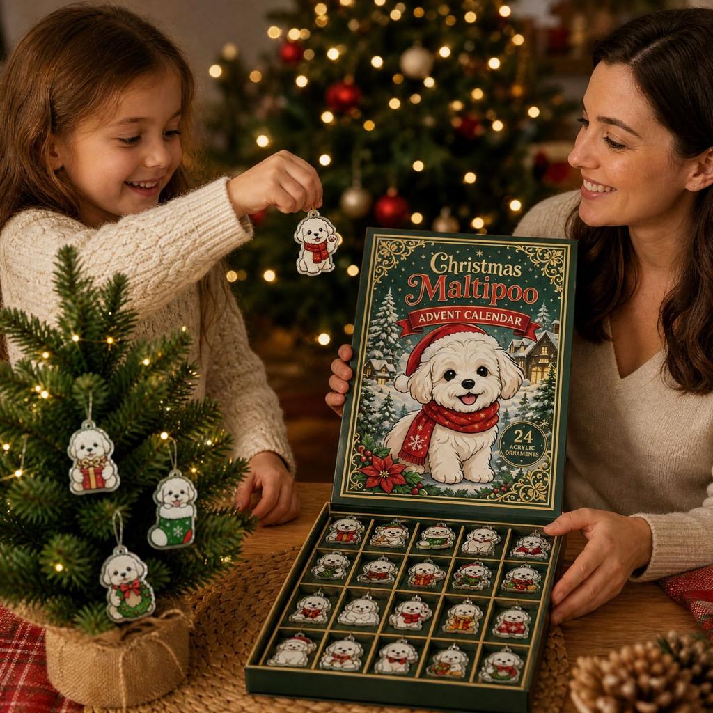 Calendario dell'Avvento di Natale per Cane Maltipoo con Cucciolo Carino Countdown Festivo Acrilico Regalo per Amanti dei Cani