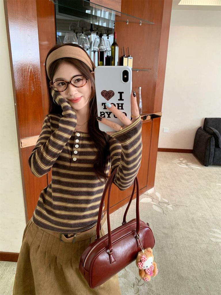 Women's Trendy Slim-Fit Striped Long-Sleeve T-Shirt for Autumn/Winter - Versatile Casual Inner Wear with Round Neck