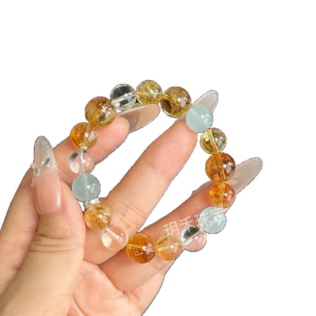 Citrine & Aquamarine Wealth Bracelet: Attracts Luck and Success with Golden Beads and White Crystal Elements