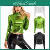 Tshirt Womens Metallic Sleeve Long Fashion Shiny Top Slim Fit Mock Neck Tops Cocktail Dancing Party Club Music Festival Costume